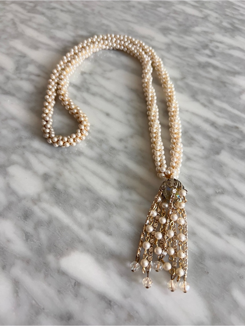 Vintage Faux Cream Pearl and AB Tassel Necklace